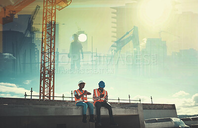 Buy stock photo Black people, engineer and construction on city overlay with technology for schedule architecture on mockup. African man and woman, contractor or maintenance team on break for industrial building