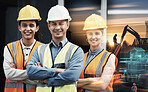 Portrait, arms crossed and an engineering team on double exposure background for architecture or design. Construction worker, smile or happy with a confident architect, designer and engineer on site