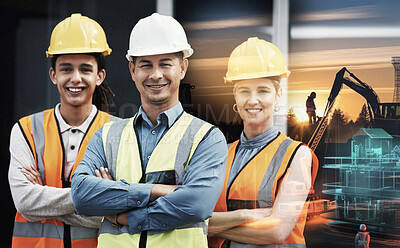 Buy stock photo Portrait, arms crossed and an engineering team on double exposure background for architecture or design. Construction worker, smile or happy with a confident architect, designer and engineer on site