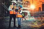Construction, team and double exposure for civil engineering in city for planning, infrastructure or development. Man, woman and tablet by communication of architecture design with lens flare on site