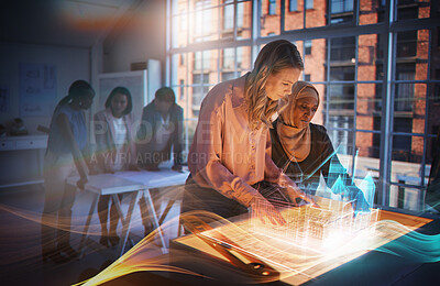 Buy stock photo Digital architecture, collaboration and double exposure with women in a design office for planning or innovation. Teamwork, engineering or vaporwave technology and business people with blueprints