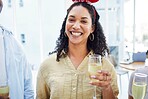 Woman, champagne and portrait with smile at Christmas, office party and celebration drink with cheers in group. Excited girl, xmas and glass for alcohol, sparkling wine and happy at event for holiday