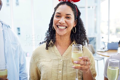 Buy stock photo Woman, champagne and portrait with smile at Christmas, office party and celebration drink with cheers in group. Excited girl, xmas and glass for alcohol, sparkling wine and happy at event for holiday