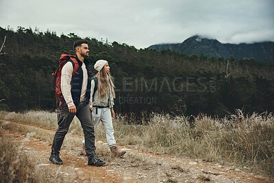 Buy stock photo Backpack, fitness and couple hiking in nature with peace, love and bonding on forest adventure. Freedom, travel and active people outdoor walking, calm and enjoy weekend journey together on vacation