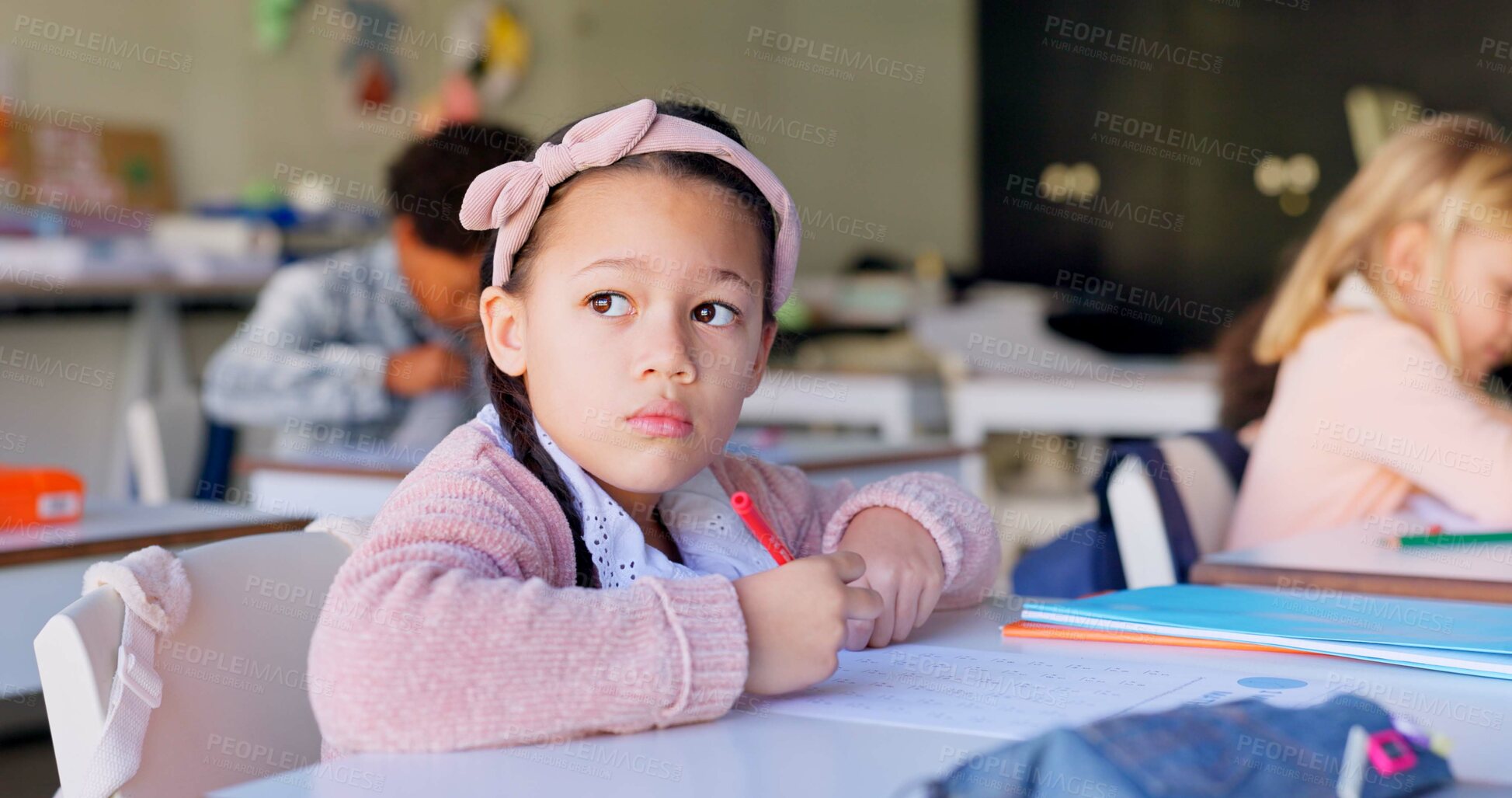 Buy stock photo Child, thinking and pen with paper by desk, education and solving a mathematics problem with question. Young student, confused and solution to assessment in classroom, elementary school and academy