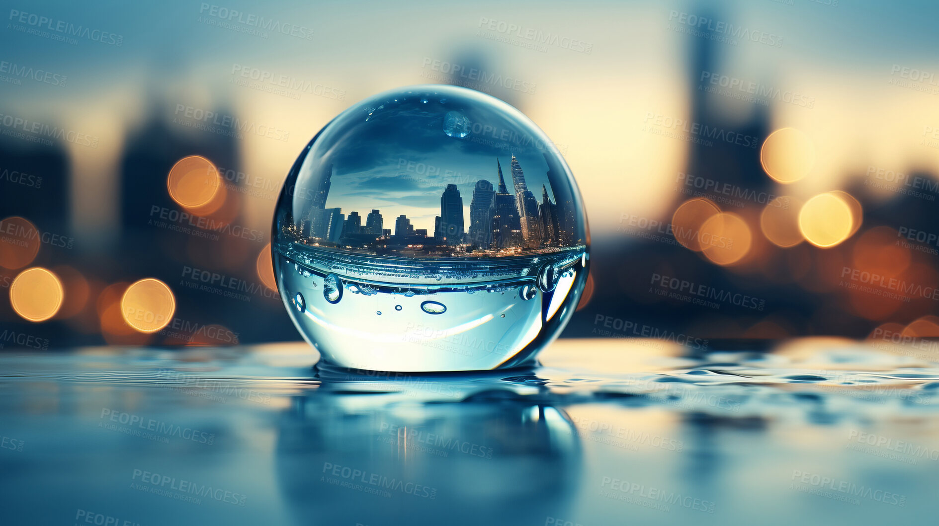 Buy stock photo City, water drop, and sky during sunset for Earth Day, environment protection, and save water. Urbanisation, natural habitats, and climate change awareness. Green energy supporting the world.