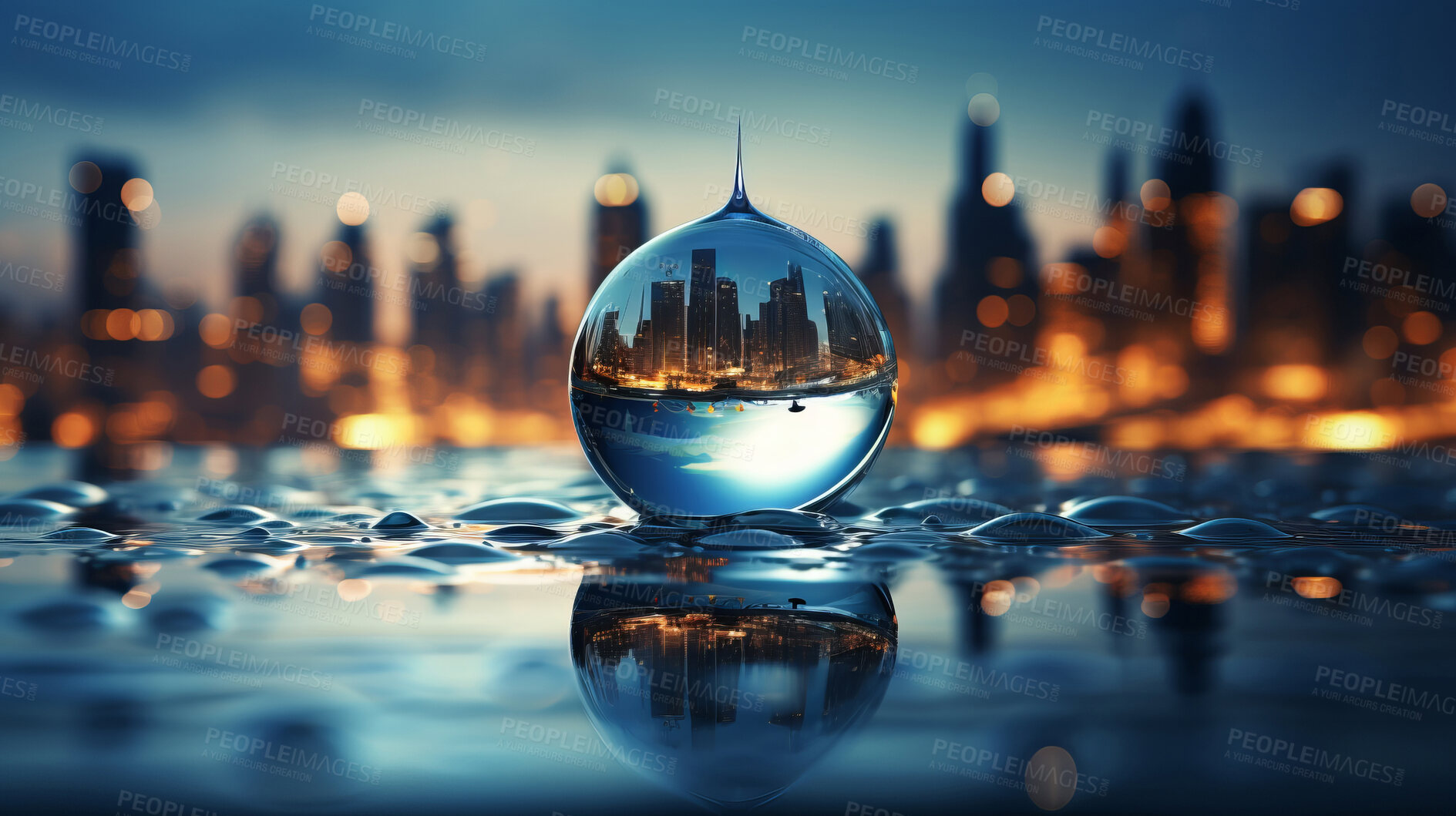 Buy stock photo City, water drop, and sky during sunset for Earth Day, environment protection, and save water. Urbanisation, natural habitats, and climate change awareness. Green energy supporting the world.