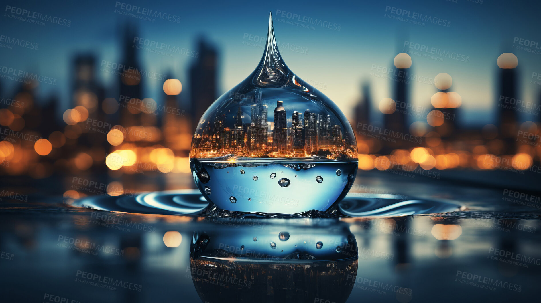 Buy stock photo City, water drop, and sky during sunset for Earth Day, environment protection, and save water. Urbanisation, natural habitats, and climate change awareness. Green energy supporting the world.