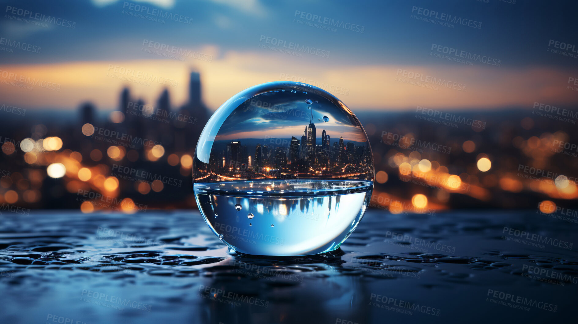 Buy stock photo City, water drop, and sky during sunset for Earth Day, environment protection, and save water. Urbanisation, natural habitats, and climate change awareness. Green energy supporting the world.