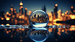 City, water drop, and sky during sunset for Earth Day, environment protection, and save water. Urbanisation, natural habitats, and climate change awareness. Green energy supporting the world.