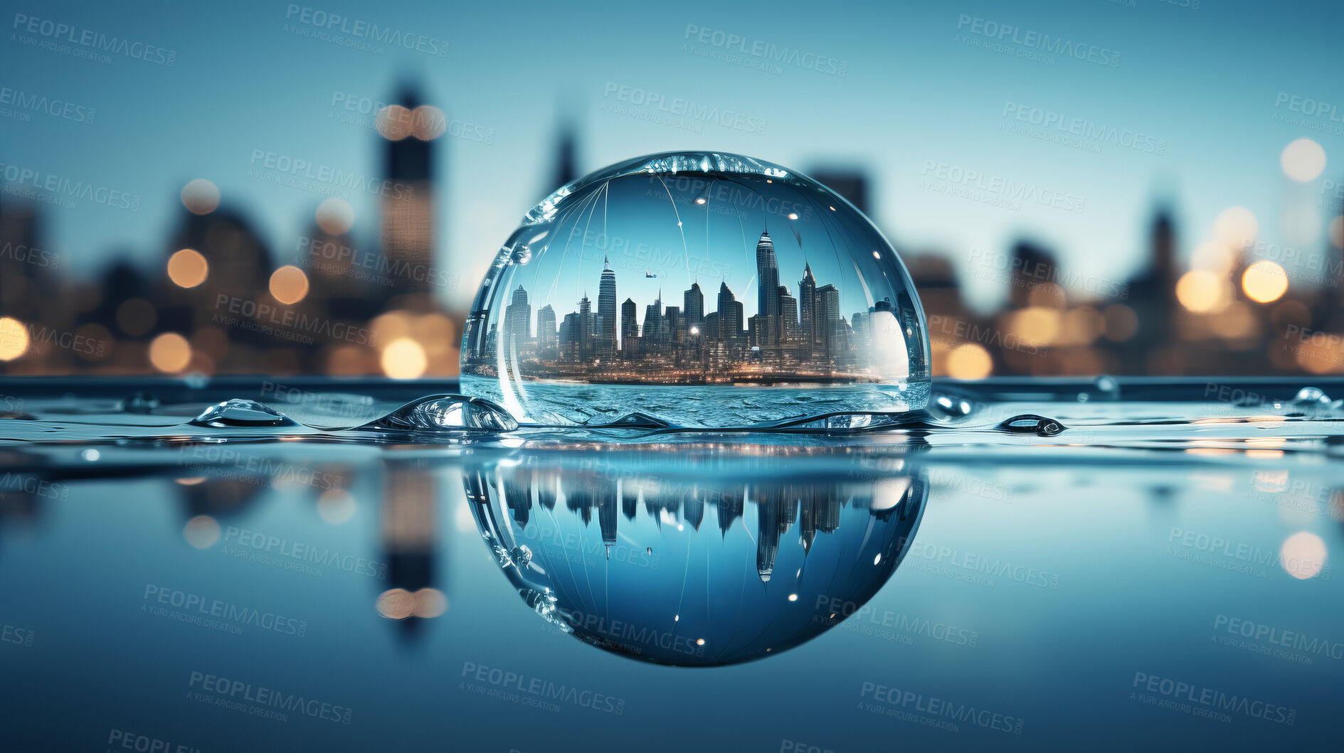 Buy stock photo City, water drop, and sky during sunset for Earth Day, environment protection, and save water. Urbanisation, natural habitats, and climate change awareness. Green energy supporting the world.