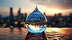 City, water drop, and sky during sunset for Earth Day, environment protection, and save water. Urbanisation, natural habitats, and climate change awareness. Green energy supporting the world.