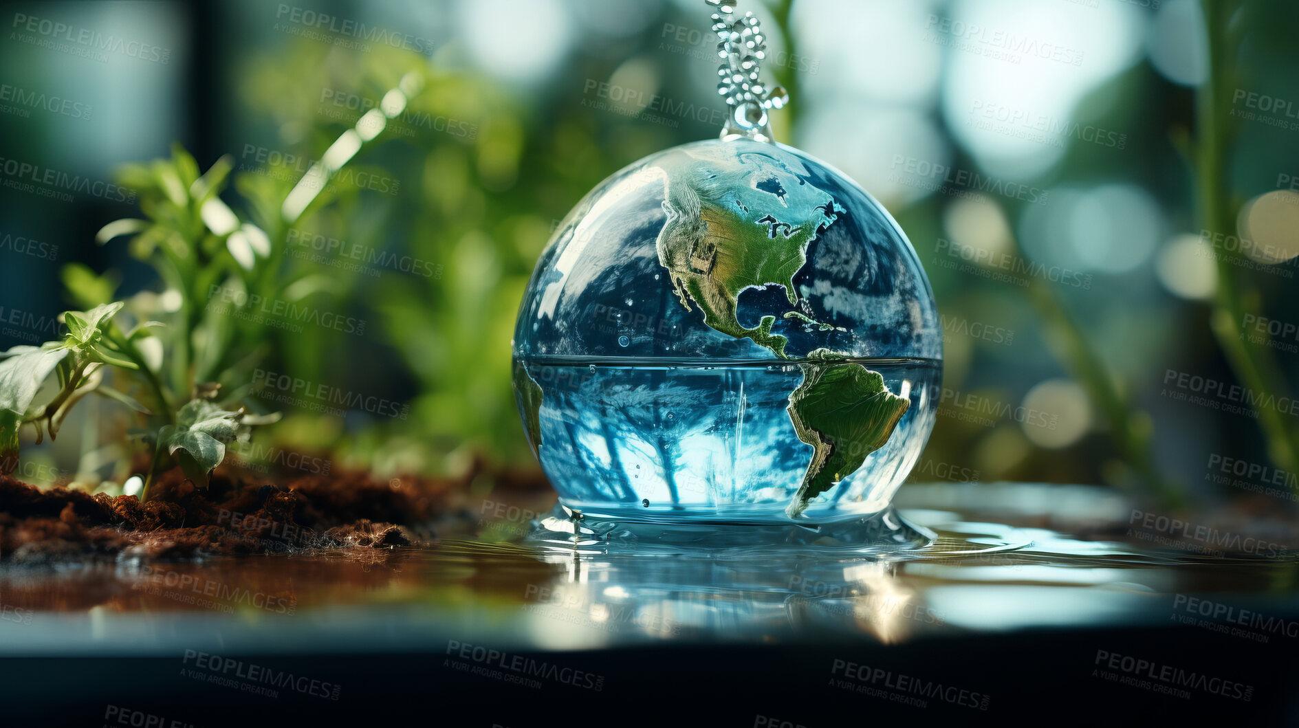 Buy stock photo Planet, water and globe in forest for Earth day, environment protection and save environment water. Nature, support and world habitat for climate change awareness, green energy or sustainability help