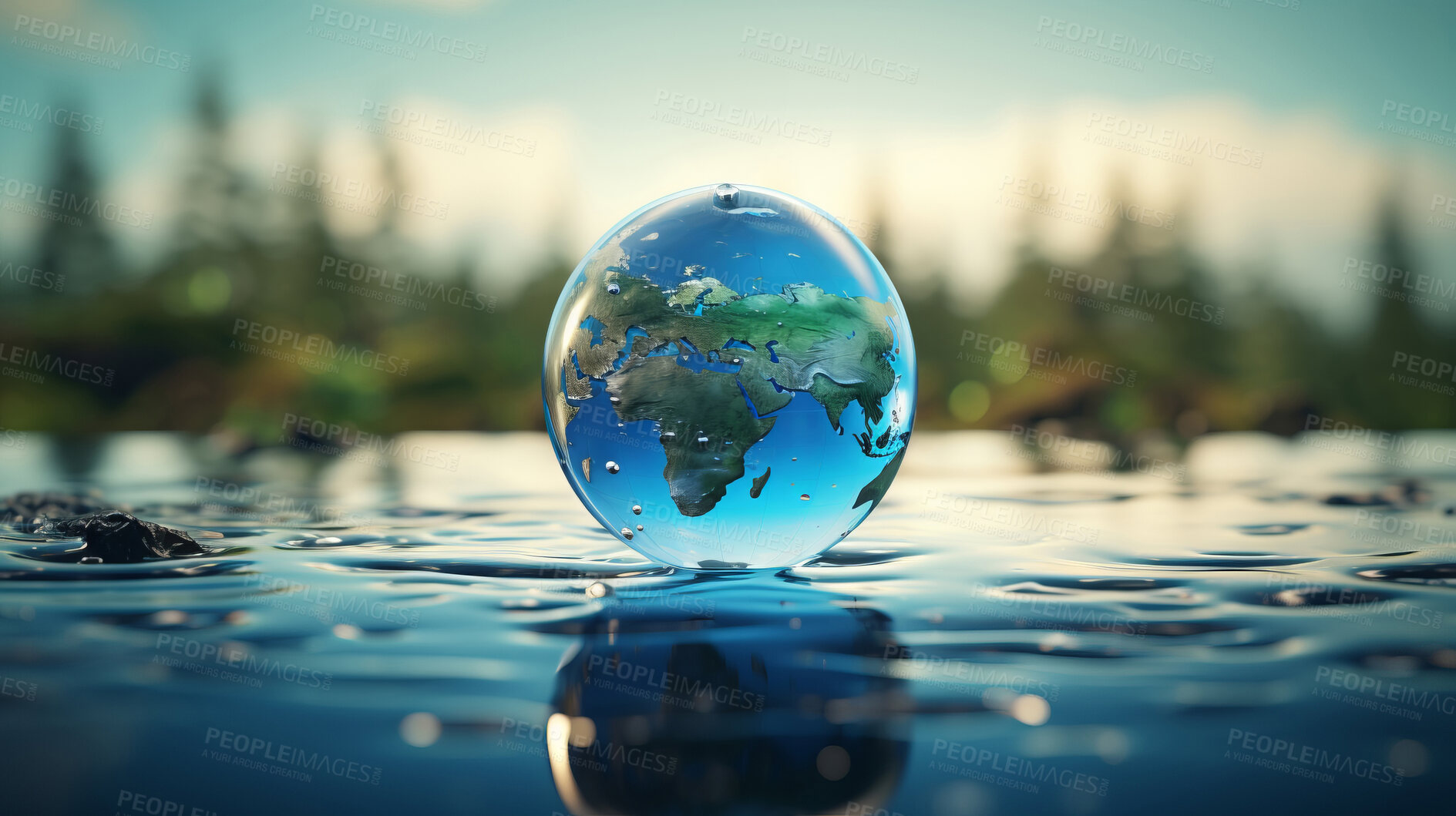 Buy stock photo Planet, water and globe in forest for Earth day, environment protection and save environment water. Nature, support and world habitat for climate change awareness, green energy or sustainability help