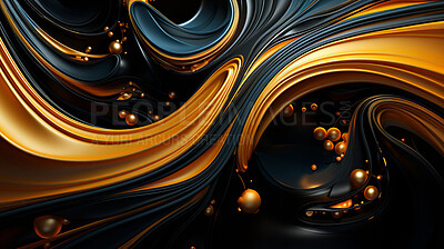 Buy stock photo Flowing golden lines, black backdrop, abstract elegance. Modern, dynamic, and opulent artistry in a visually stunning depiction of luxurious design.
