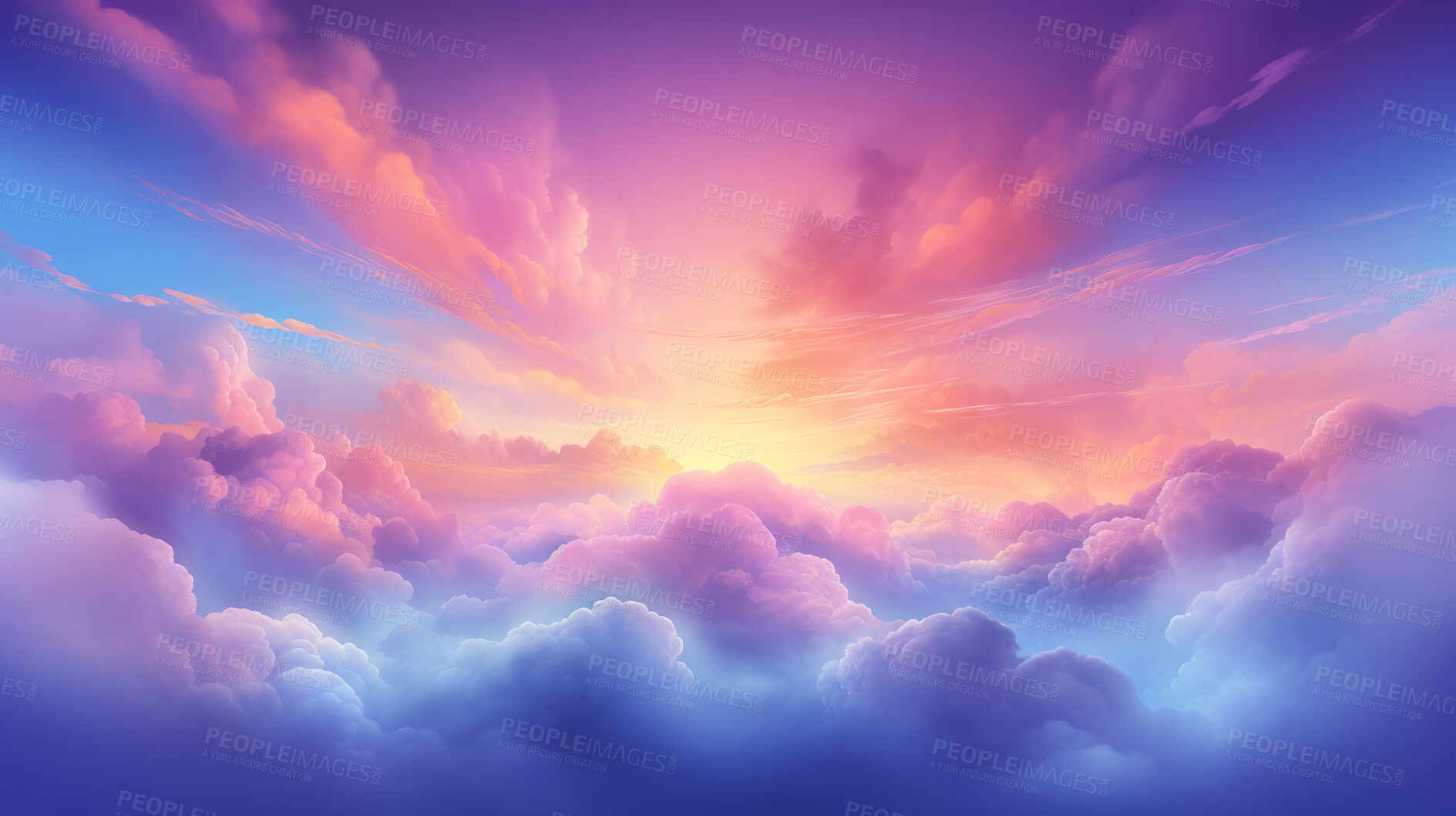 Buy stock photo Dreamy clouds, rainbow hues and artistic expression in abstract art. Colorful, whimsical and creative cloudscape for design, graphic display, and imaginative inspiration.