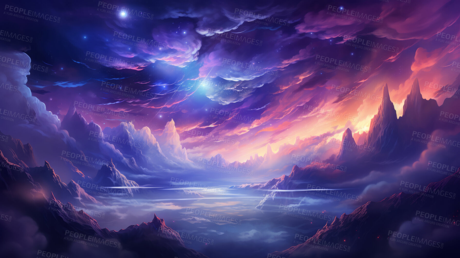 Buy stock photo Dreamy clouds, rainbow hues and artistic expression in abstract art. Colorful, whimsical and creative cloudscape for design, graphic display, and imaginative inspiration.