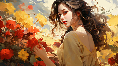 Illustration, Asian, woman in a field of flowers. Capturing beauty, grace and nature's elegance. Perfect for graphic design, art decor and creative projects.
