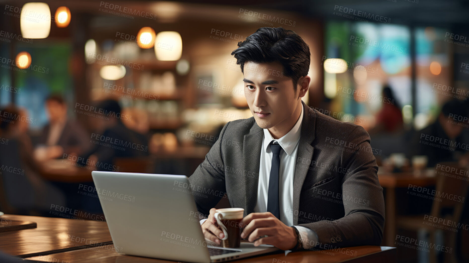 Buy stock photo Asian businessman, laptop and global connection. International business, Symbolizing networking and professional communication. Ideal for business-themed designs and global corporate visuals.