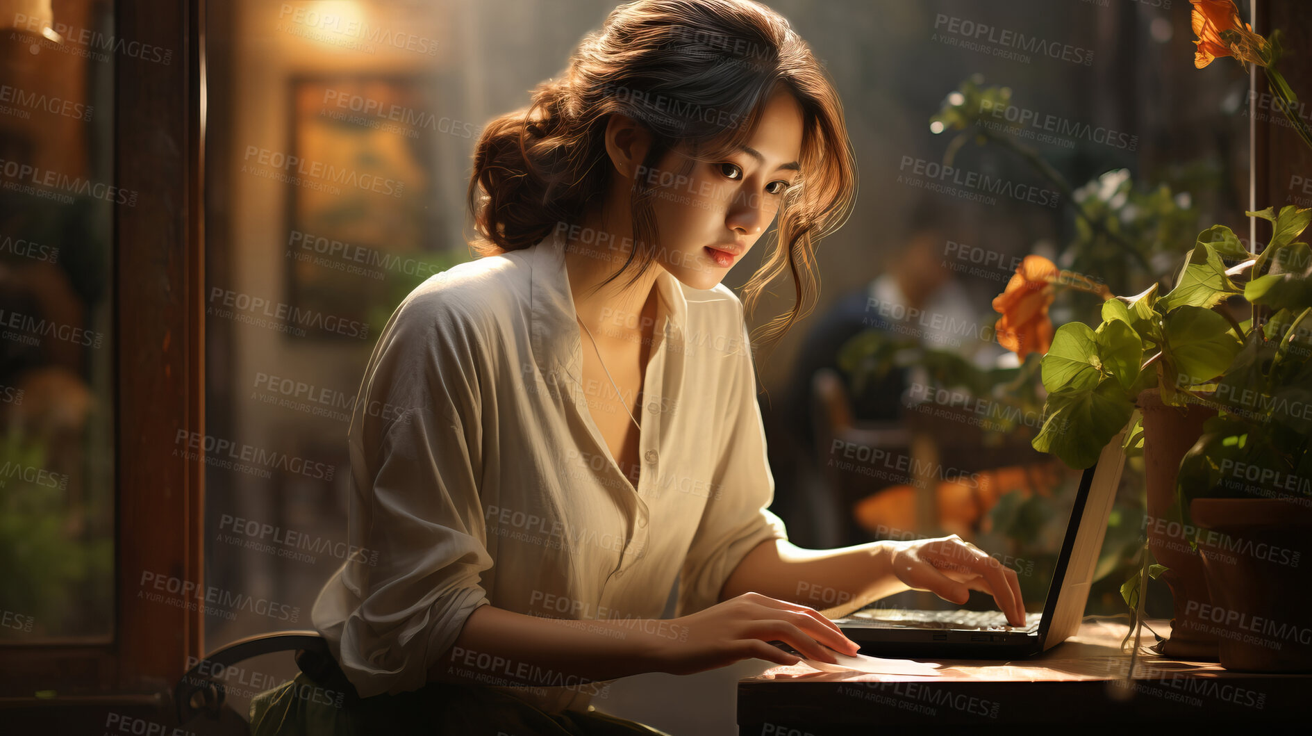 Buy stock photo Asian female, office professional and modern workspace. Dynamic, focused, and efficient work ethic for graphic display, design, and creative inspiration in corporate visuals.