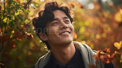 Asian man, nature portrait and greenery. Eco-friendly, mindfulness and outdoor lifestyle. Smiling face of environmentalist in lush flora for ecology, conservation and natural beauty.