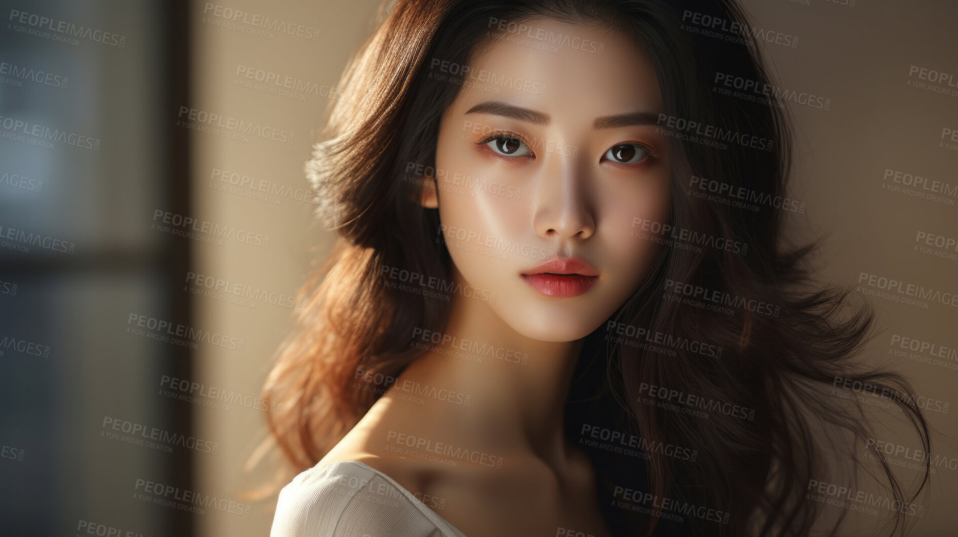 Buy stock photo Portrait, Asian beauty and timeless elegance. Art decor, design and graphic display. Radiates allure, grace and professionalism. Inspirational concept for creative projects.