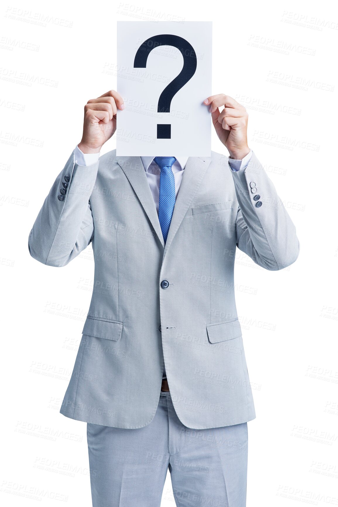 Buy stock photo Businessman, hidden identity and man with question mark, alone and isolated on transparent png background. Worker, corporate accountant in formal suit and human resources  candidate in workplace