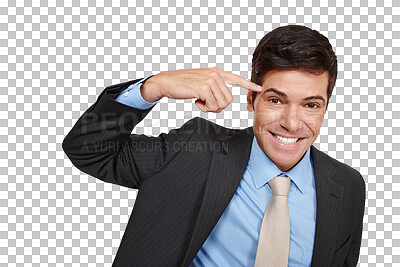 Buy stock photo Businessman, portrait and pointing head with happy for ideas isolated on png transparent background. Entrepreneur, person or face with thoughtful, pensive and question with smile and planning at work