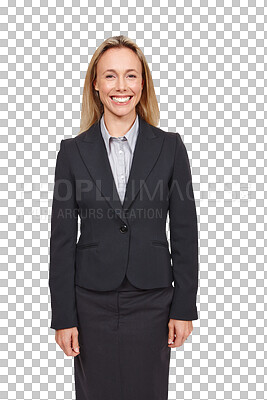 Buy stock photo Businesswoman, confident and portrait with smile for professional, consultant and corporate career. Person, happy and face with job pride with fashion suit and isolated on transparent png background