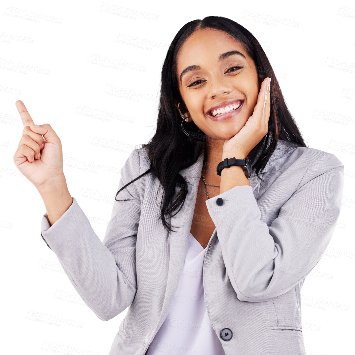 Buy stock photo Advertising, woman portrait and pointing up for marketing, promotion and direction or sales announcement. Commercial, presentation and happy female person or isolated on transparent png background