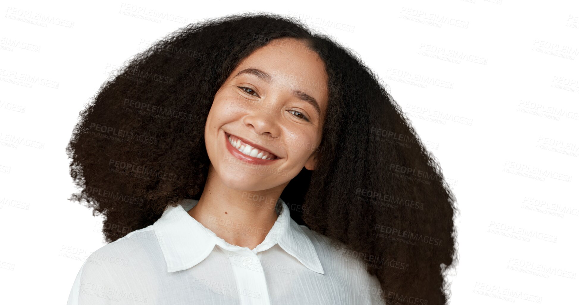 Buy stock photo Portrait, woman and smile for haircare, treatment and style for wellness, health and strength. Person, natural and curly hair with excitement for cosmetics on isolated or transparent png background