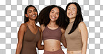 Diversity, underwear and portrait of women friends in studio for beauty, inclusion or wellness. Happy people hug on neutral background as different body care, skin glow or natural cosmetic comparison