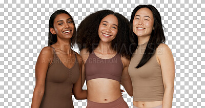 Buy stock photo Cosmetic, diversity or smile of women for portrait, inclusion hug or relax wellness with dermatology glow. Face, happy and people with skin care for beauty and isolated on transparent png background