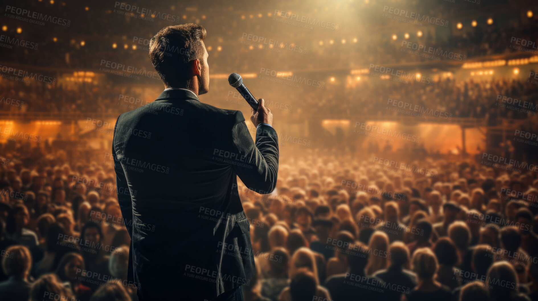 Buy stock photo Speaker, charisma and confident address for impactful communication, leadership and public presence. A poised male figure, microphone in hand engages the audience with assurance. Ideal for public speaking courses, leadership events and professional development visuals.