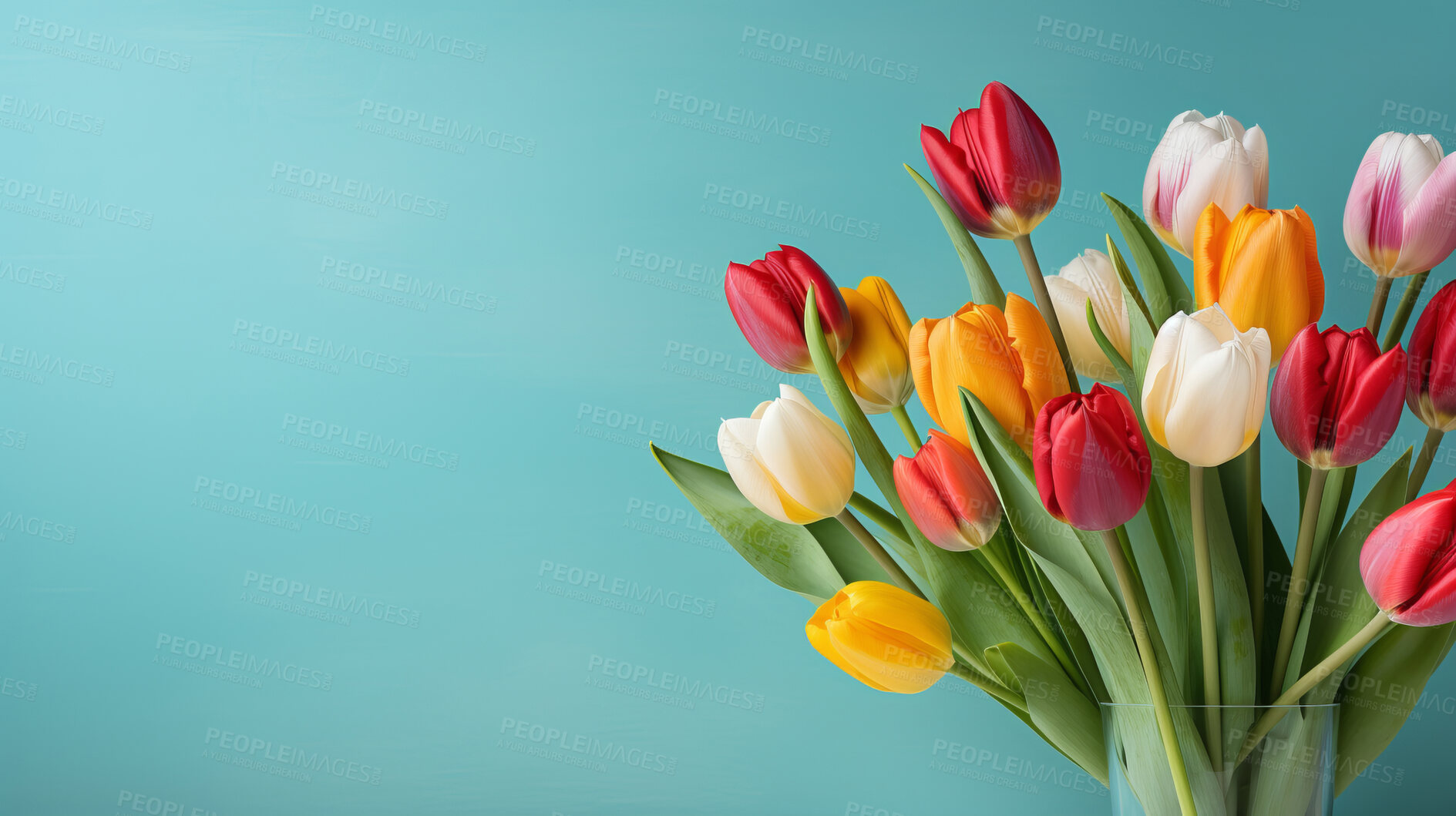 Buy stock photo Springtime tulips, blooming and colorful petals for a refreshing floral background, nature and seasonal vibrancy. Tulips in a variety of colors form a lively and cheerful scene, providing an ideal backdrop for spring-related content. Ideal for nature-inspired presentations, posters, and digital backgrounds.