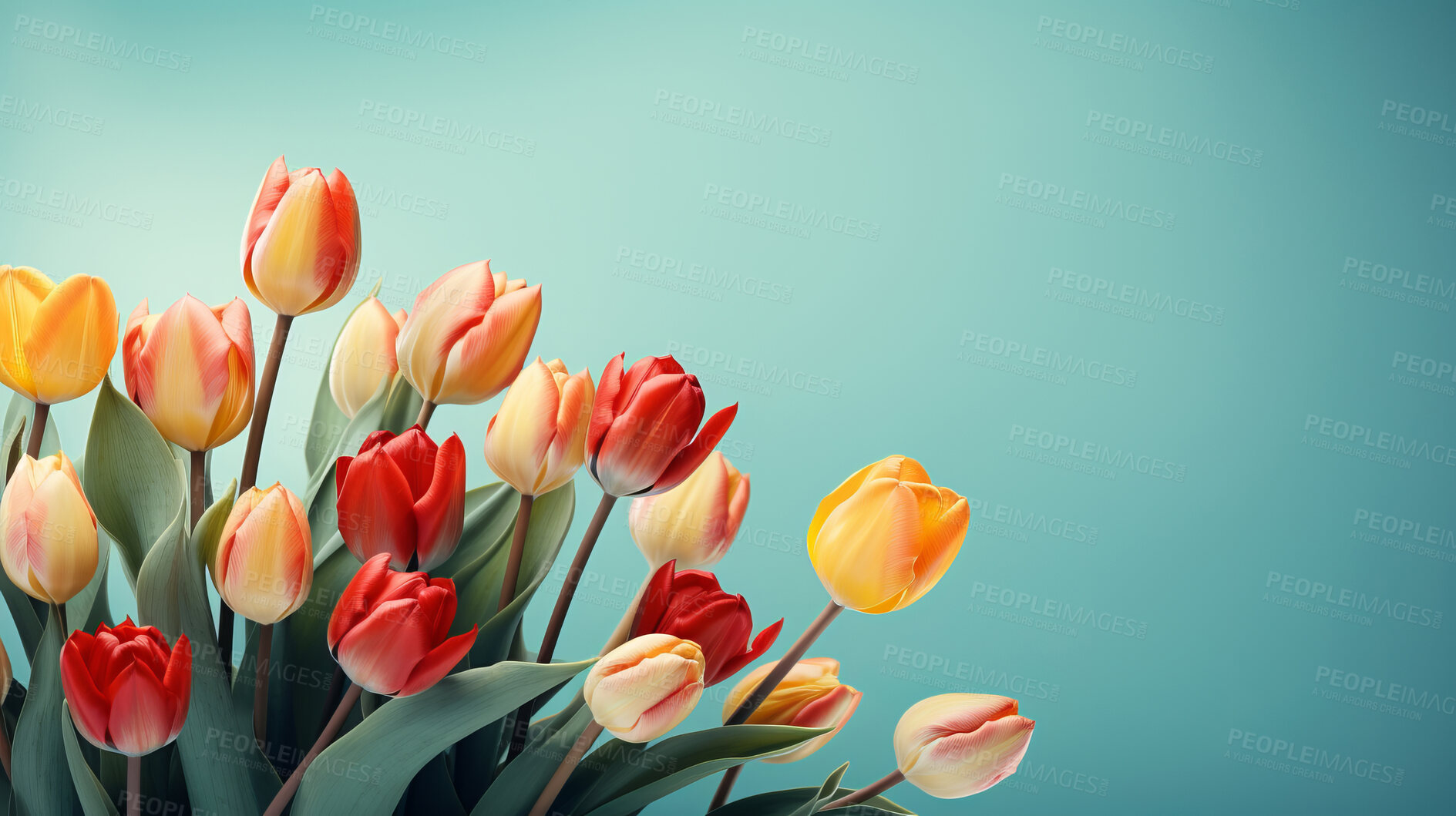 Buy stock photo Springtime tulips, blooming and colorful petals for a refreshing floral background, nature and seasonal vibrancy. Tulips in a variety of colors form a lively and cheerful scene, providing an ideal backdrop for spring-related content. Ideal for nature-inspired presentations, posters, and digital backgrounds.