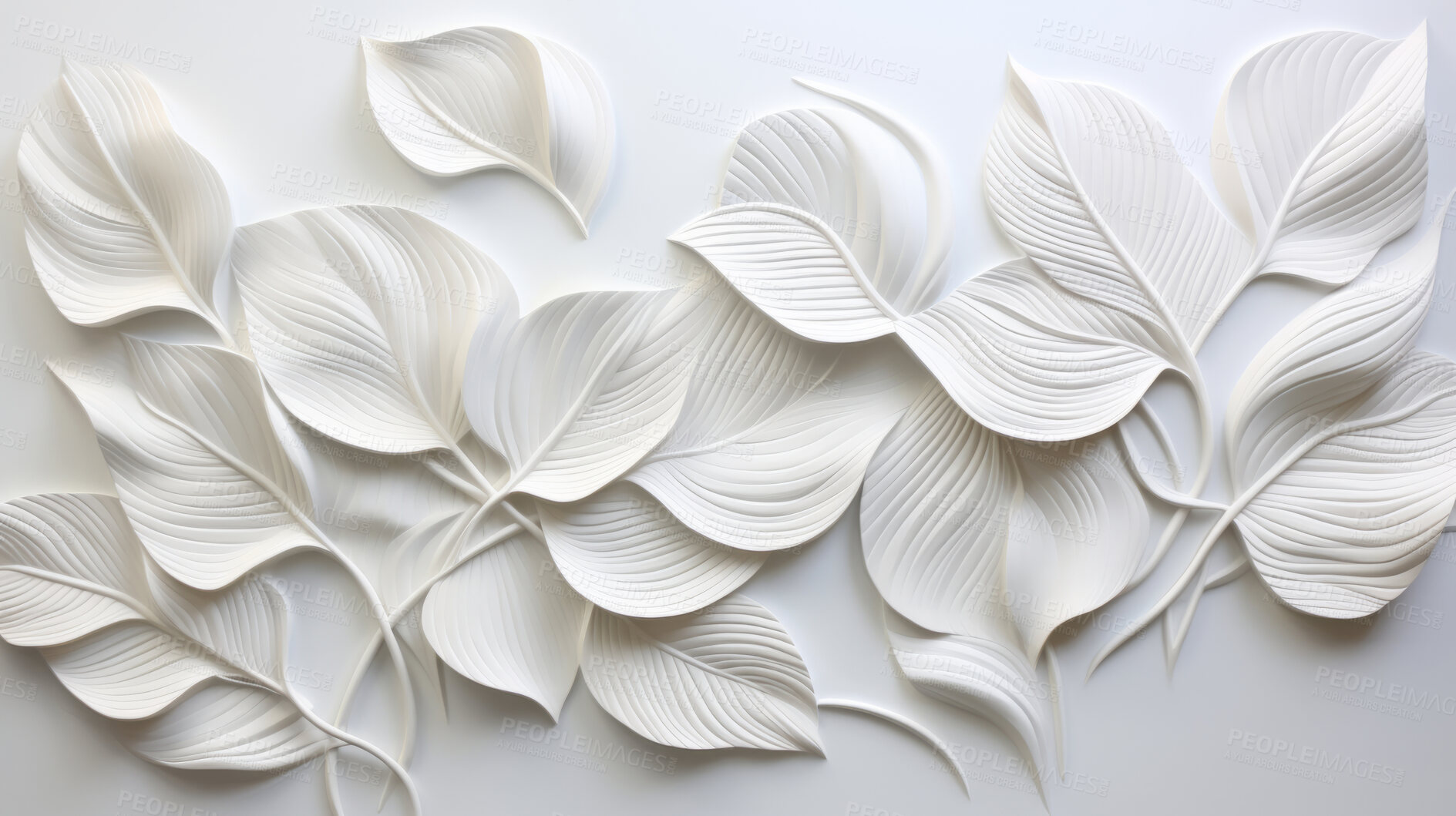 Buy stock photo Leaves, embroidered in soft white. Delicate, artistic and nature-inspired design for fashion, decor and creative expressions. On textured canvas with a touch of botanical elegance.