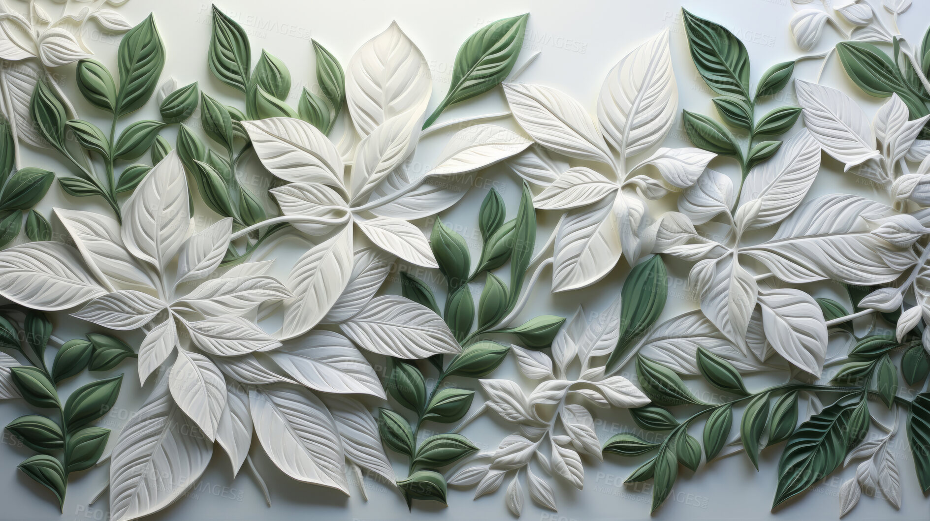 Buy stock photo Leaves, embroidered in soft white. Delicate, artistic and nature-inspired design for fashion, decor and creative expressions. On textured canvas with a touch of botanical elegance.