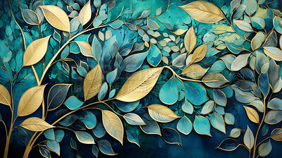 Golden foliage, shimmering leaves and deep blue canvas for opulent events, luxury and nature-inspired themes. Exquisite, luminous and regal composition for premium backgrounds, branding and upscale visuals.