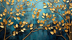 Golden foliage, shimmering leaves and deep blue canvas for opulent events, luxury and nature-inspired themes. Exquisite, luminous and regal composition for premium backgrounds, branding and upscale visuals.