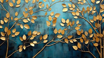 Golden foliage, shimmering leaves and deep blue canvas for opulent events, luxury and nature-inspired themes. Exquisite, luminous and regal composition for premium backgrounds, branding and upscale visuals.
