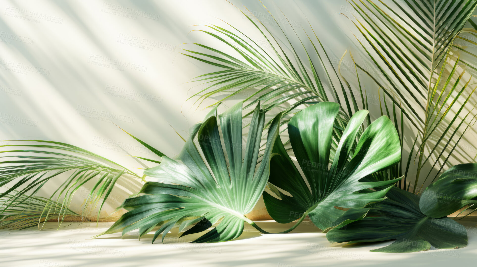 Buy stock photo Palm leaves, bathed in sunlight through a window. Tropical, serene and nature-inspired design for interiors, relaxation and creative expressions. On a sunlit canvas with a touch of botanical elegance.