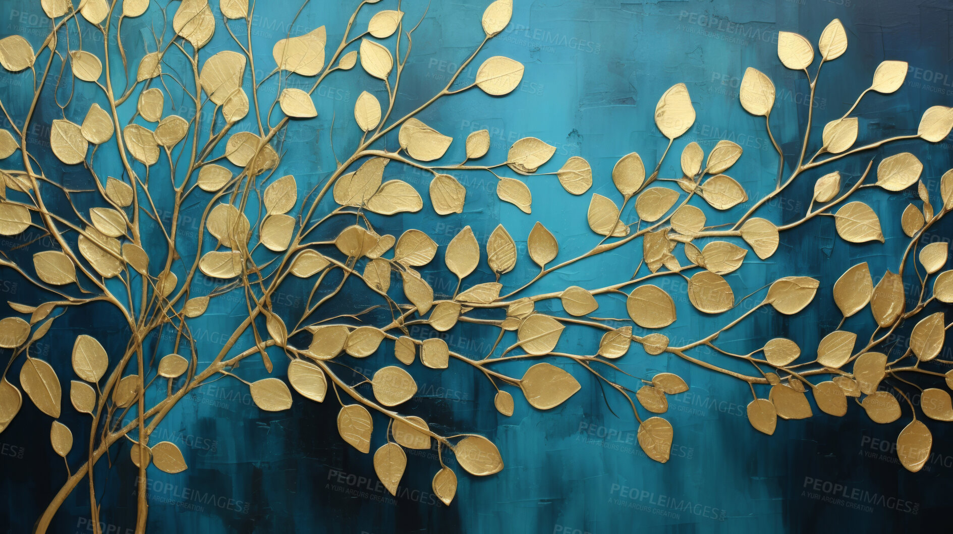 Buy stock photo Golden foliage, shimmering leaves and deep blue canvas for opulent events, luxury and nature-inspired themes. Exquisite, luminous and regal composition for premium backgrounds, branding and upscale visuals.