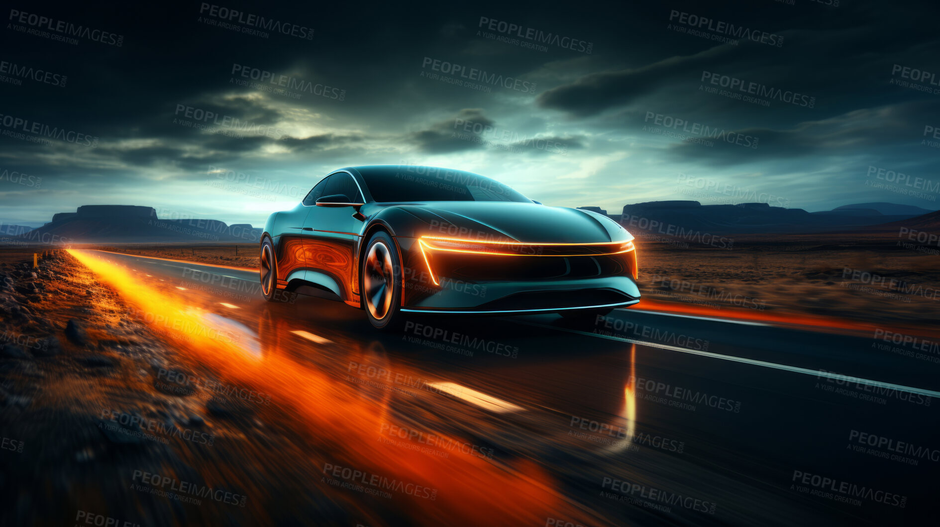 Buy stock photo Vehicle speeding, sports and car light trails for commercial, driver and owner on road. Test, speed, and fast automobile for dealership, mechanic or professional racing competition with neon lights