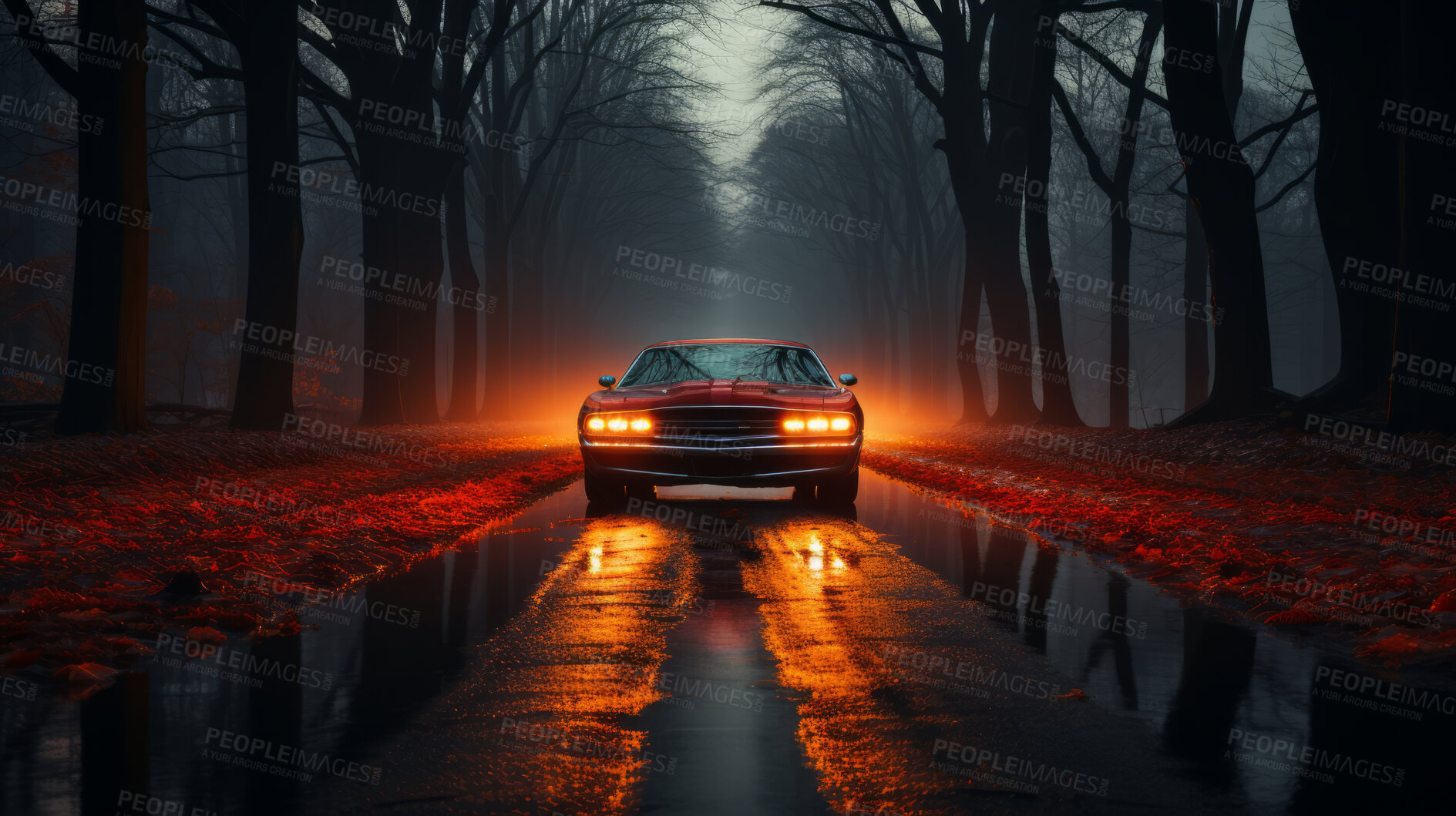 Buy stock photo Vehicle riding, woods and car light trails for commercial, driver and owner on road. Test, speed, and fast automobile for dealership, mechanic or professional racing competition with neon lights