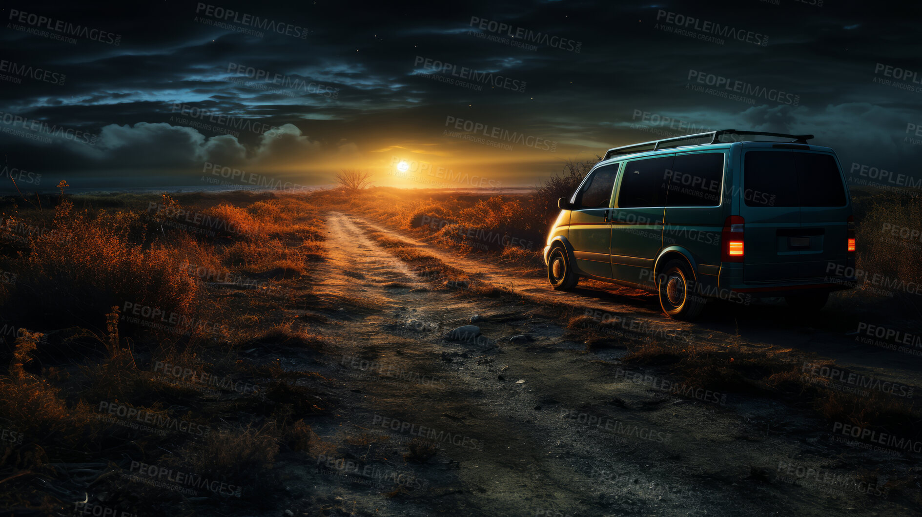 Buy stock photo Vehicle speeding, minivan and light trails for family, driver and owner on road. Test, passenger, and fast automobile for tourism, mechanic or professional, long distance, commute and vacation