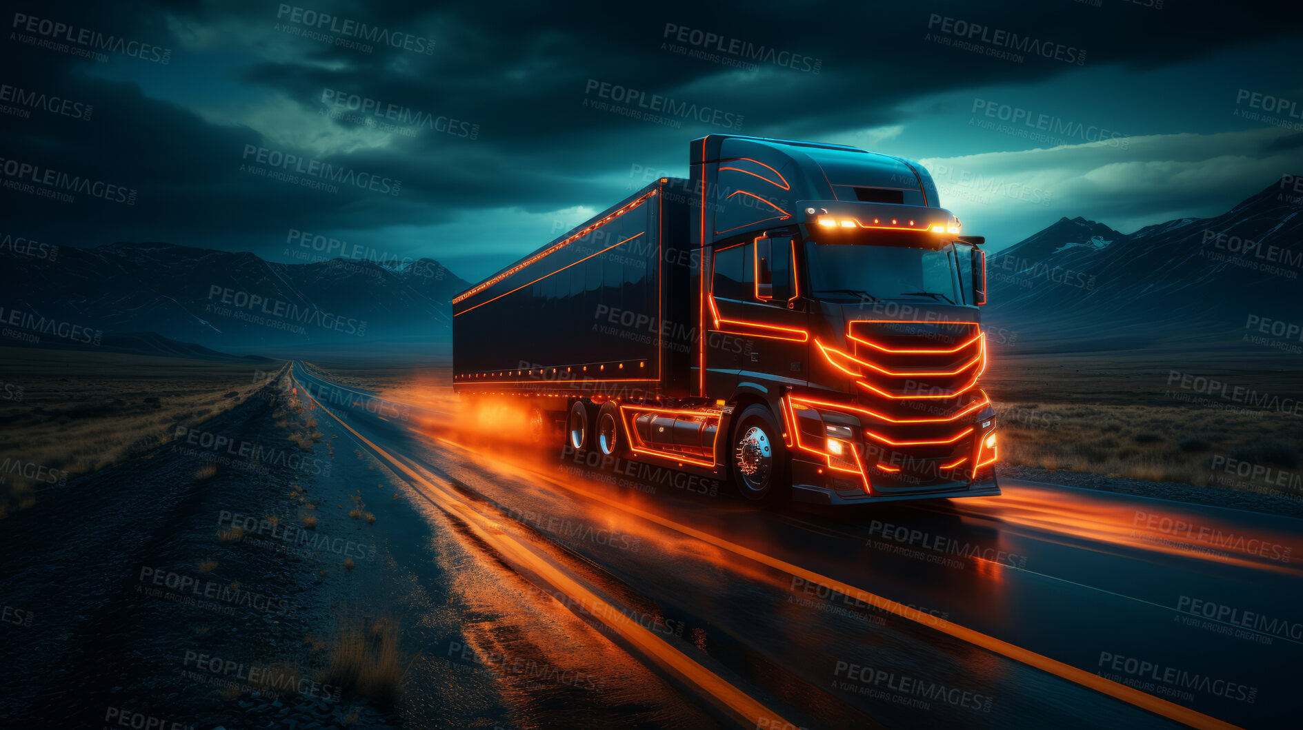 Buy stock photo Vehicle, traveling and night delivery truck and light for commercial, driver and private owner. High speed, modern and fast for economy or professional transport industry with neon pattern streak