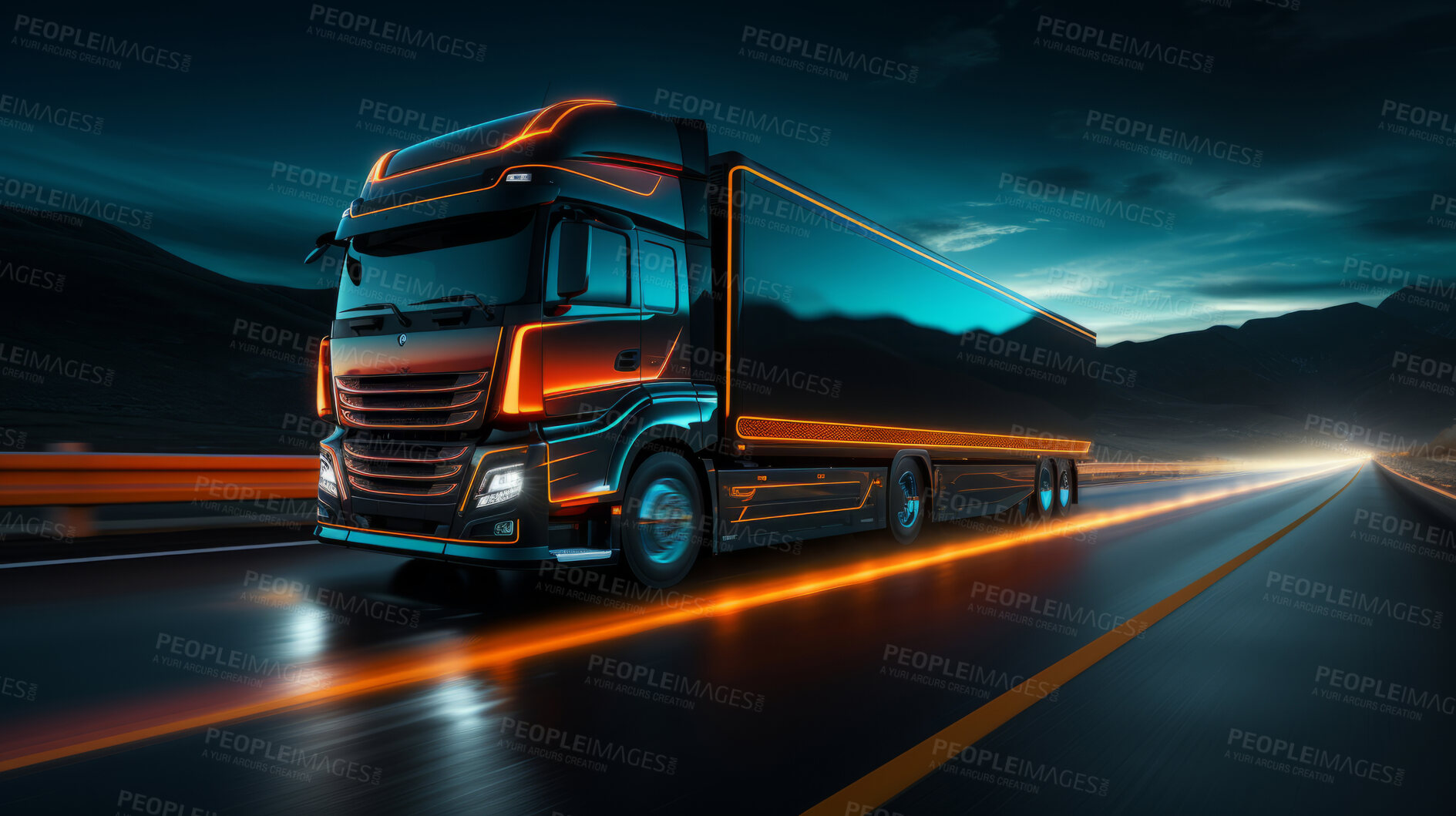 Buy stock photo Vehicle, traveling and night delivery truck and light for commercial, driver and private owner. High speed, modern and fast for economy or professional transport industry with neon pattern streak