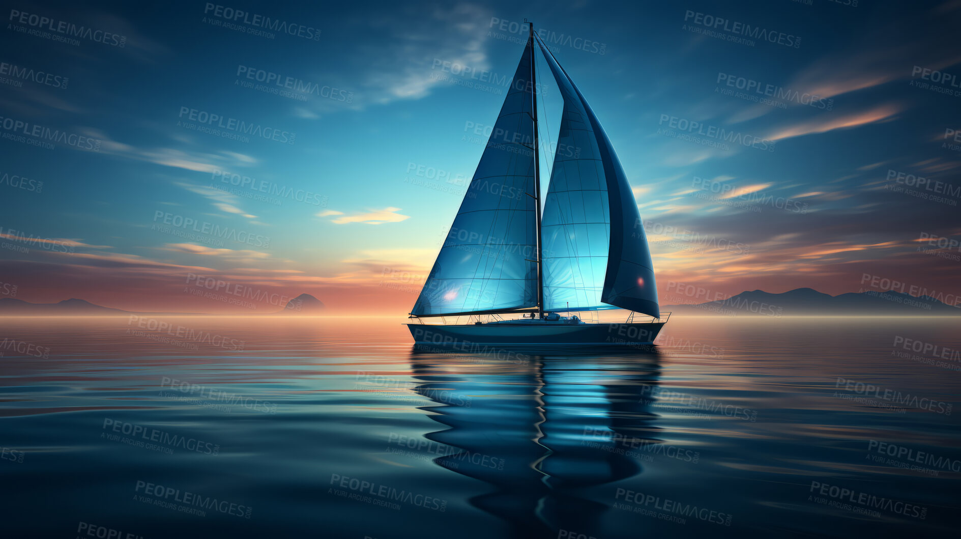 Buy stock photo Yacht traveling, ship and water for commercial sailing, transport and private owner on ocean. Retirement, luxury and night for tourism, holiday or professional trip with neon lights in sea landscape