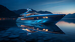 Yacht traveling, ship and water for commercial sailing, transport and private owner on ocean. Retirement, luxury and night for tourism, holiday or professional trip with neon lights in sea landscape